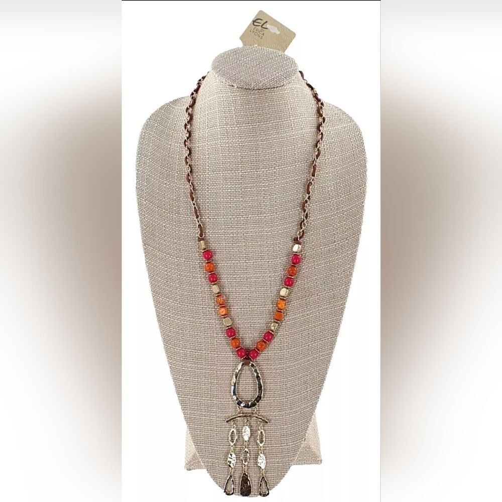 Erica Lyons Gold Necklace with Orange & Fuchsia Elements NWT 30" Pendant 5"